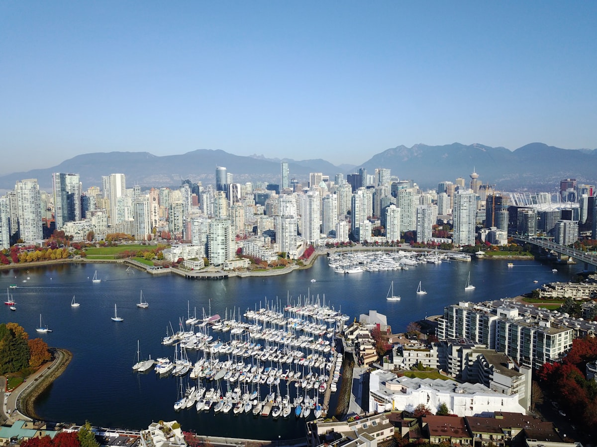 Aerial view of the downtown Vancouver skyline and False Creek marina