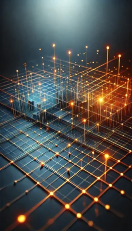 DALL·E 2024-09-05 12.58.43 - A high-end abstract design for 'business vision,' with a dark blue background and bright orange elements forming a grid or network pattern. The grid r
